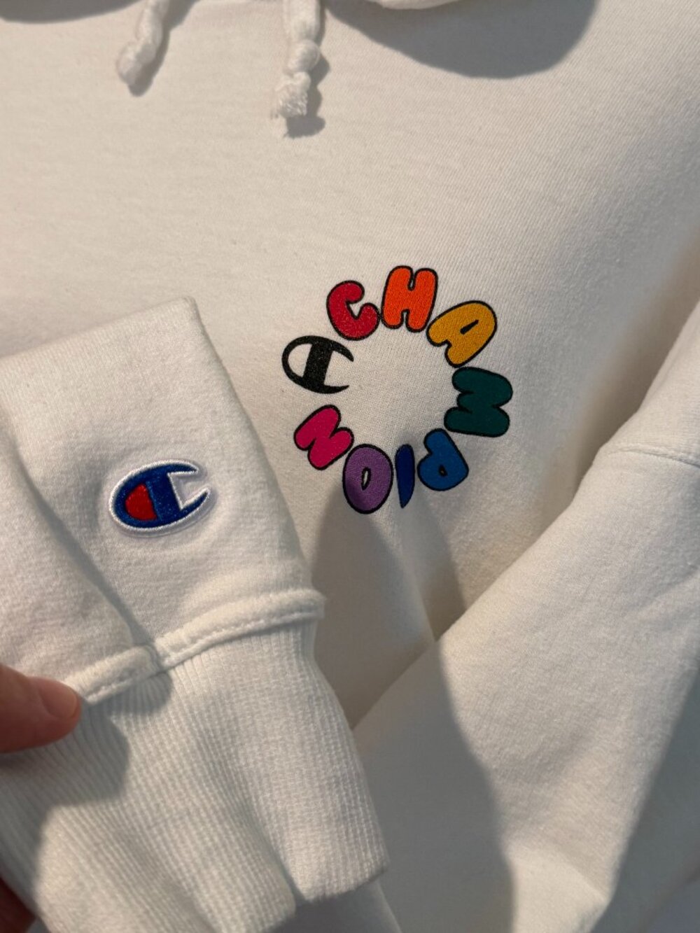 Champion Multicolor Embroidered Spellout Logo Hoodie White Size L - Picture 5 of 7